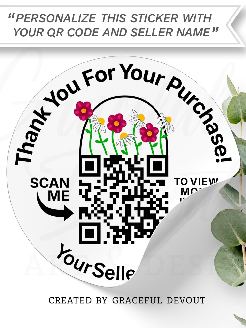 Thank You For Your Purchase, QR Code w/ Seller Name - Floral Purse - 2” Stickers